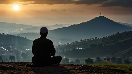 Silhouette of a people pray to the Allah on hill, Ramadhan kareem