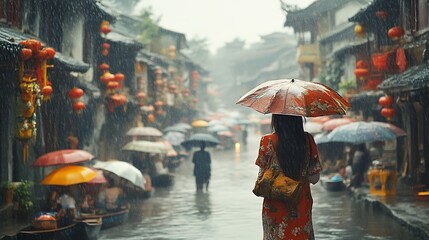 Obraz premium Woman Walks Through Rainy Chinese City Street
