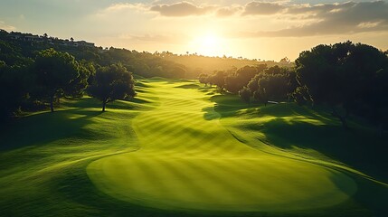 Majestic golf course panorama, golfers swinging on a lush green course with rolling hills, white background ::2 serene landscapes, precision shots, tranquil vibes, golf flag detail, black background, 