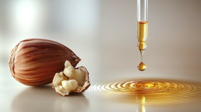 Whole hazelnut alongside cracked shell and hazelnut oil drop creating ripples