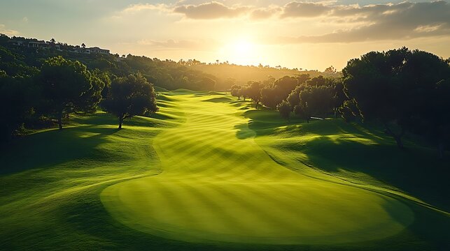 Majestic golf course panorama, golfers swinging on a lush green course with rolling hills, white background ::2 serene landscapes, precision shots, tranquil vibes, golf flag detail, black background, 