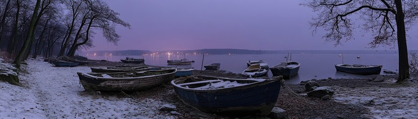 Snowy lake shore, boats at dusk, winter landscape, peaceful scene