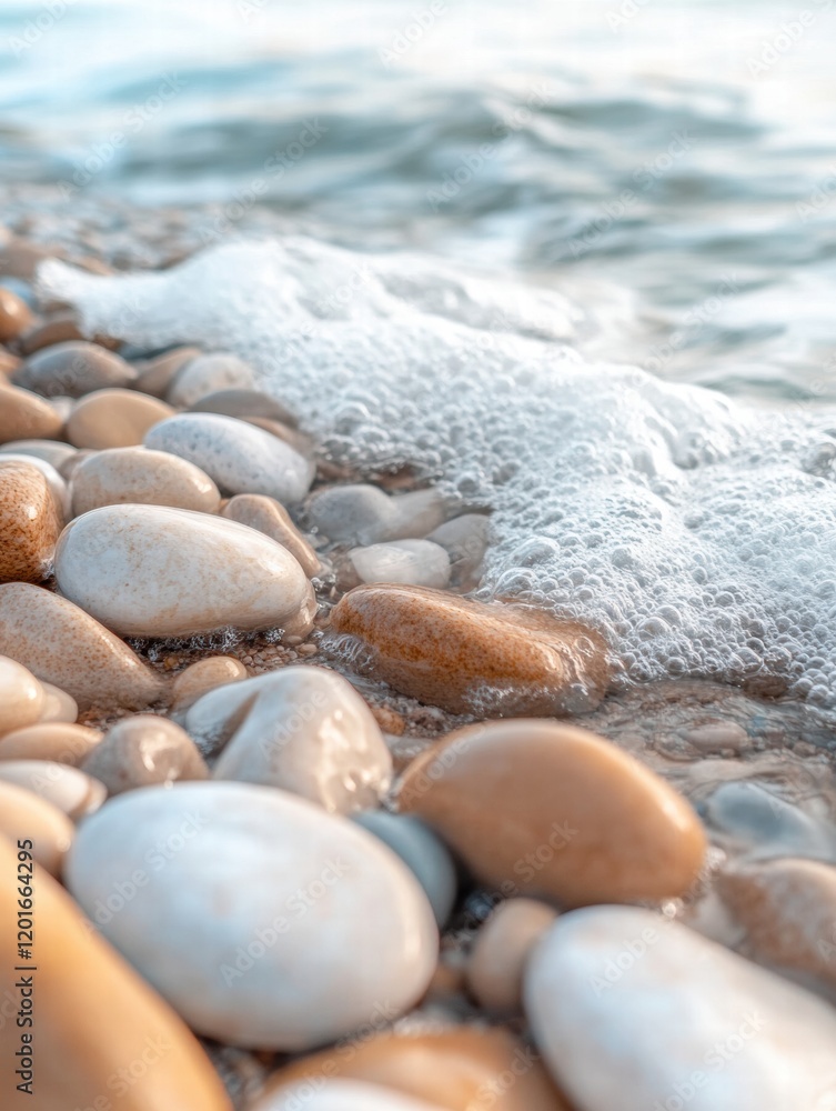 Poster Smooth beach pebbles covered by gentle waves at a tranquil shoreline during sunset. Generative AI