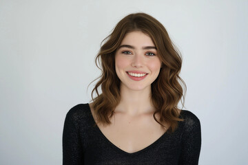 Obraz premium attractive young woman smiling with shoulder-length wavy brown hair wearing black V-neck top on solid white background