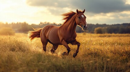Obraz premium Chestnut horse galloping sunset field; nature, freedom