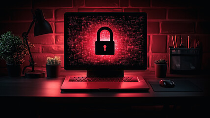 Cybersecurity Night: A laptop displays a glowing padlock on a screen filled with digital code, set against a dramatic red-lit brick wall background.