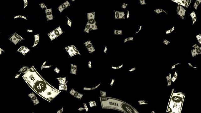 大量の100ドル札のような紙幣が空から降ってくるアルファチャンネル付きCG素材 
Alpha channeled CG image of a large number of $100 bill-like bills falling from the sky