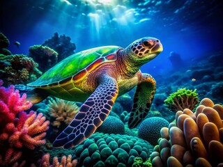 Fototapeta premium Vintage Neon Sea Turtle & Luminous Coral Reef Stock Photo