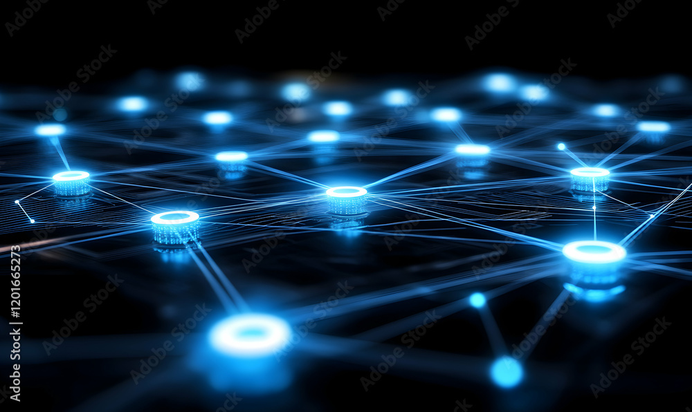 Poster abstract glowing network nodes interconnected, representing digital connections, data flow, or neura