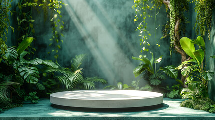 Green foliage surrounds circular pedestal, podium in serene natural background. Generative AI