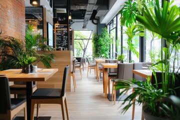 Fototapeta premium Stylish co-working office area with chic design elements, greenery, and an inviting atmosphere