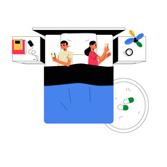 Couple Using Smartphones In Bed In Flat Vector Illustration Symbolizing Relaxation, Digital Interaction, And Modern Lifestyle, Isolated On White Background.