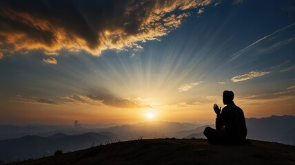 Obraz premium Silhouette of a people pray to the Allah on hill, Ramadhan kareem