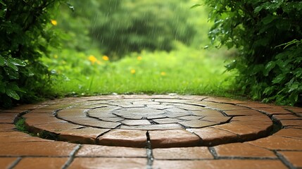 Obraz premium Rain falls on a circular stone pathway in a garden