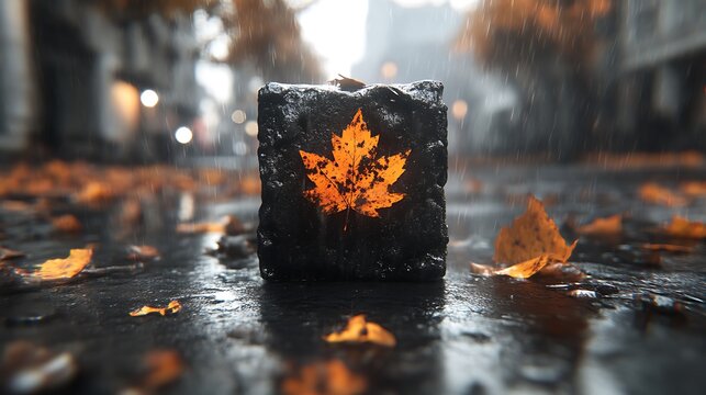 Autumn Leaf Embedded In Dark Stone During Rainfall