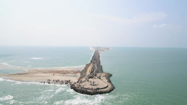 Breathtaking aerial drone shot of Dhanushkodi, featuring the historic last road leading to the edge of India.