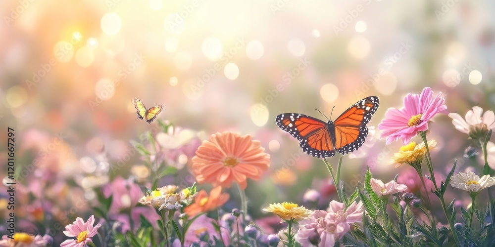 Poster the captivating beauty of flowers and butterflies creates stunning background images, perfect for sh