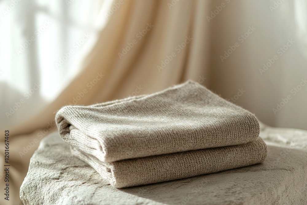 Poster a wool sweater in soft neutral tones is neatly folded on a smooth stone surface. soft natural light 