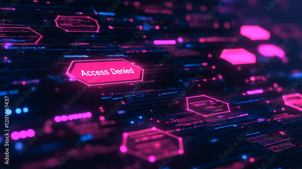Poster cybersecurity breach: access denied alert: a digital rendering depicts a futuristic technological la
