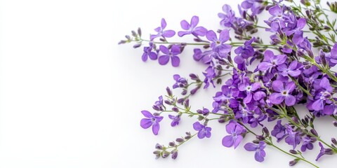 Fototapeta premium Purple flowers displayed against a white background create a stunning visual contrast. The vibrant purple flowers stand out beautifully on the clean white background, enhancing their charm.