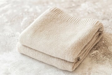 A neatly folded wool sweater in soft beige tones rests on a smooth stone surface. The gentle natural light enhances its cozy, organic appeal, providing ample space for overlay text