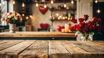 Empty Old Wooden Table with Blurred Valentine's Day Background