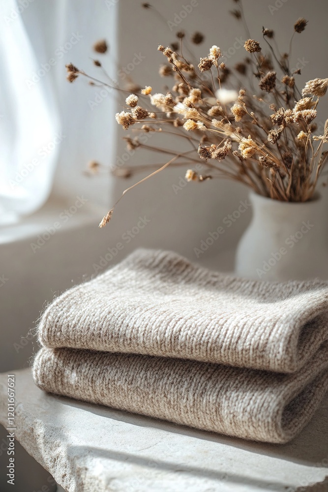 Poster A cozy wool sweater in beige is carefully folded on a smooth stone surface. Soft natural light enhances the warm feel of the setting, highlighting the sweater's texture and inviting comfort