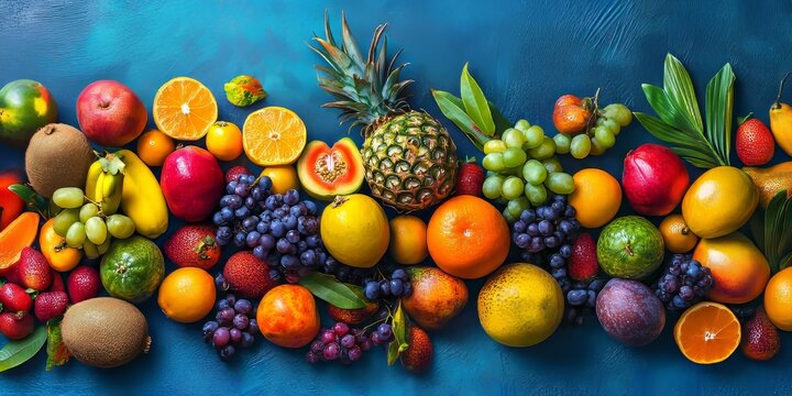 Assorted tropical fruits displayed on a vibrant blue background, showcasing the beauty and diversity of tropical fruits in a colorful and eye catching arrangement of tropical fruits.