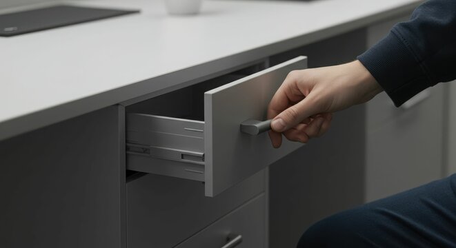 Caucasian male adult opening office drawer in modern workspace