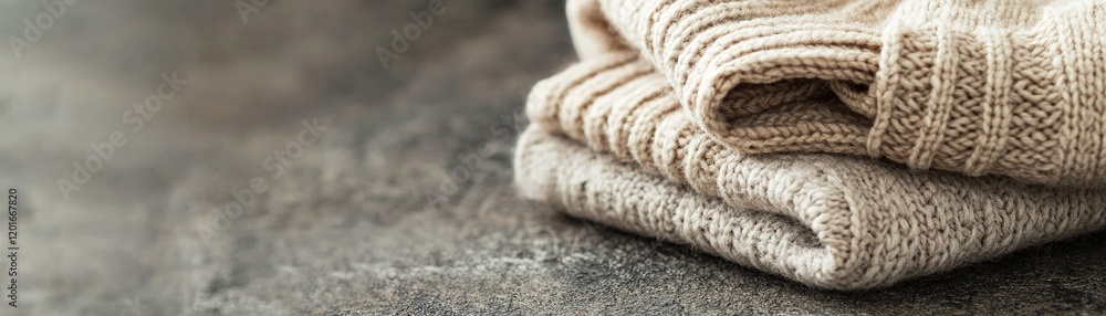 Poster a soft wool sweater in neutral tones is neatly arranged on a smooth stone surface, illuminated by ge