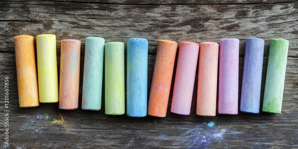 Aufkleber Colorful chalks arranged on a wooden surface create a vibrant visual display. The assortment of chalks showcases a variety of colors, ideal for creative projects and artistic expression.