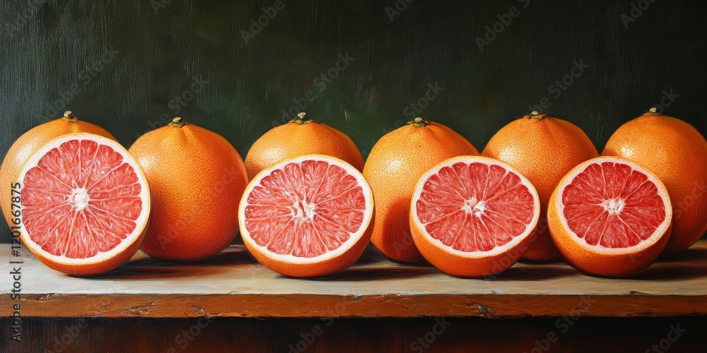 Poster close up view of a grapefruit half alongside a collection of grapefruits, showcasing the vibrant col