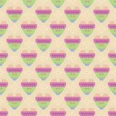 Cross-stitched seamless pattern with hearts. Valentine's Day background. Vector illustration. Design for wallpaper, tiles, ceramic pottery, bedding sheets, and fabric.