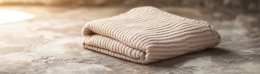 A cozy wool sweater in beige tones rests neatly on a stone surface, illuminated by soft natural light, providing a warm and inviting atmosphere perfect for winter styling