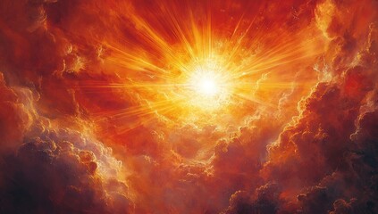 Obraz premium A bright, radiant sun shines in the sky, with rays of light spreading across the scene
