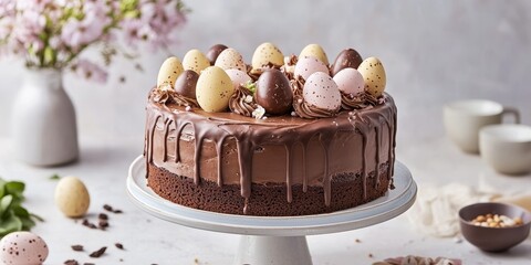 A delightful Easter cake, featuring a sumptuous chocolate coating, ideal for festive occasions and holiday celebrations. This Easter cake will enhance any gathering with its delicious appeal.