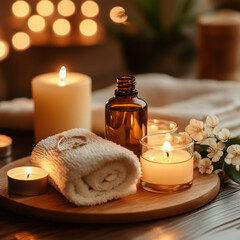 Spa setting with candles and towel elegant.