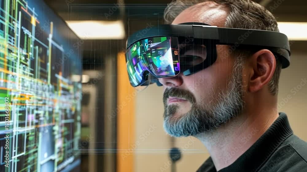 Poster an operator wearing augmented reality glasses closely inspecting a virtual model of the production l