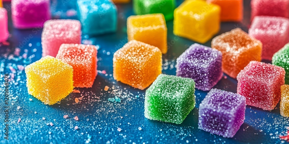 Poster vibrant colorful candies and sweet dessert delights, featuring an array of colorful sugar cubes that