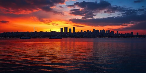 Fototapeta premium Stunning sunset and skyline over the serene Marmara Sea create a captivating scene. The sunset reflects beautifully on the skyline, enhancing the tranquil beauty of the Marmara Sea.