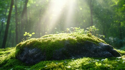 Fototapeta premium Sunbeams Illuminate Mossy Rock in Enchanting Forest