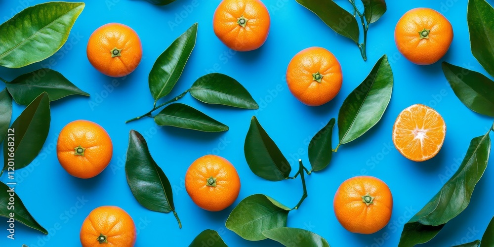 Poster clementines with vibrant leaves displayed on a blue background create a stunning flat lay. this top 