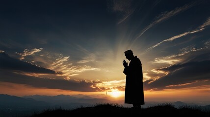 Obraz premium Silhouette of a people pray to the Allah on hill, Ramadhan kareem