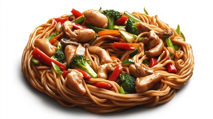 Serving of chow mein noodle stirfried vegetable chicken arranged circular pattern