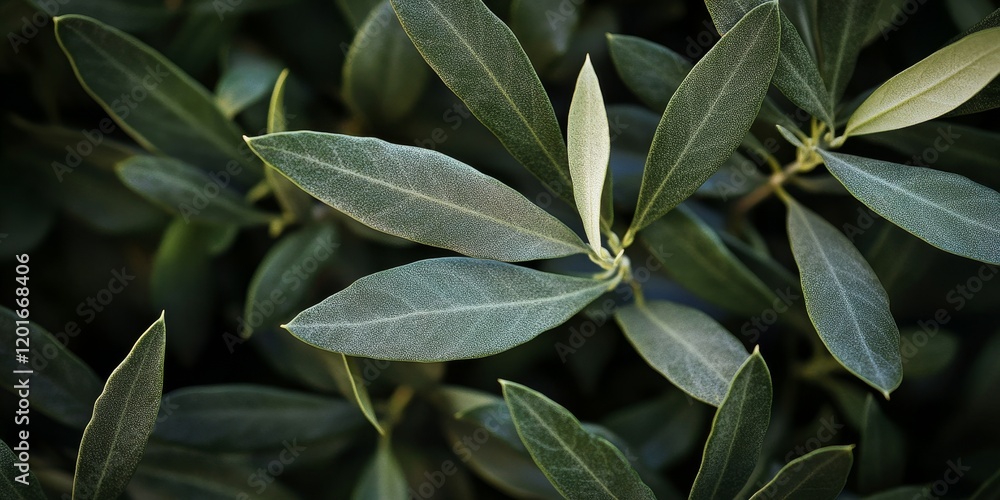 Poster close up image capturing the intricate details of olive leaves, showcasing the beauty and texture of