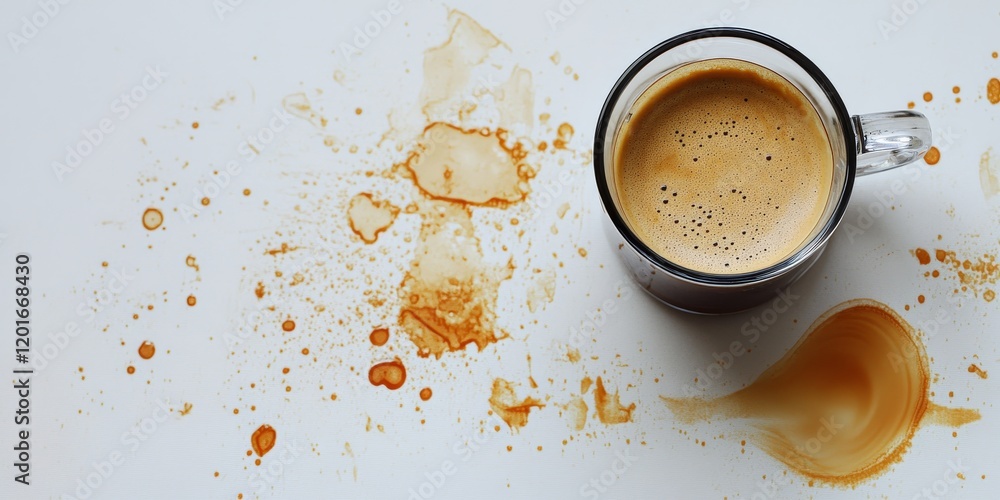 Poster a puddle of coffee creates an intriguing pattern on a white surface, while a small glass espresso cu