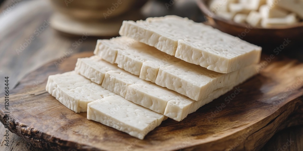 Aufkleber thinly sliced raw tapioca tempeh, prepared for dry frying, showcases the unique texture and flavor o