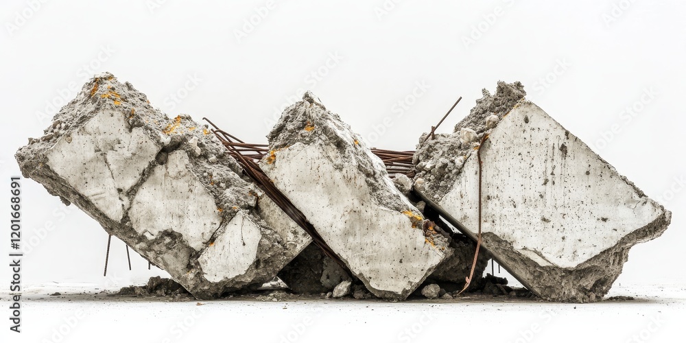 Poster large concrete fragments showcasing the remains of a structure with exposed rebar, set against a whi
