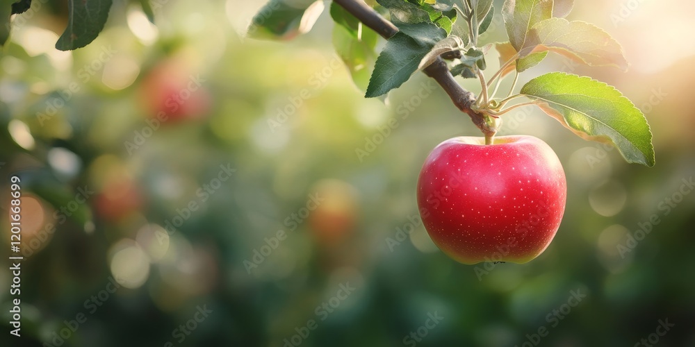 Poster red apple suspended from a tree in an orchard, showcasing its vibrant hue against a softly blurred b