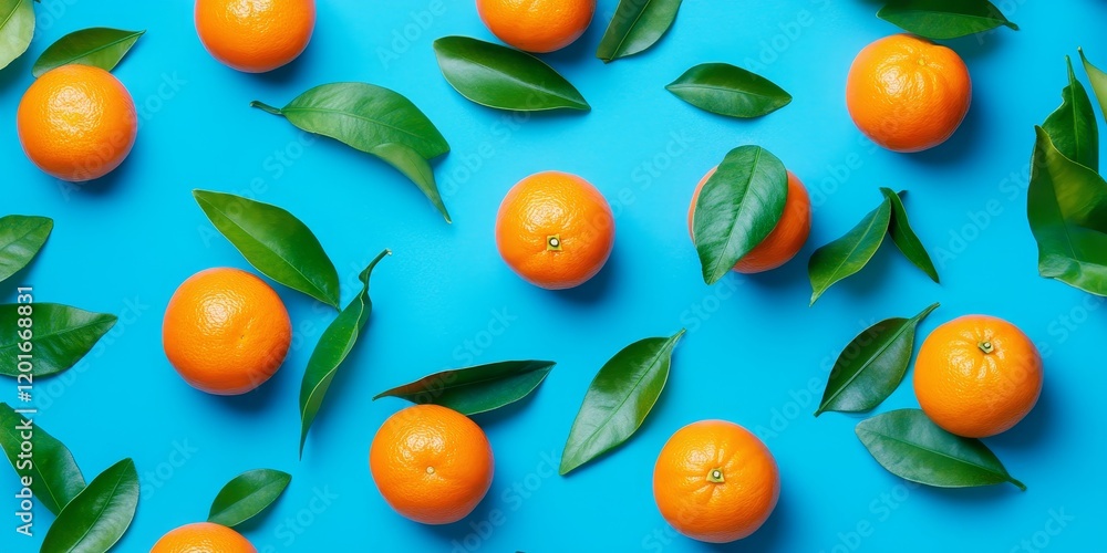 Poster clementines with vibrant leaves displayed on a blue background create a stunning flat lay. this top 